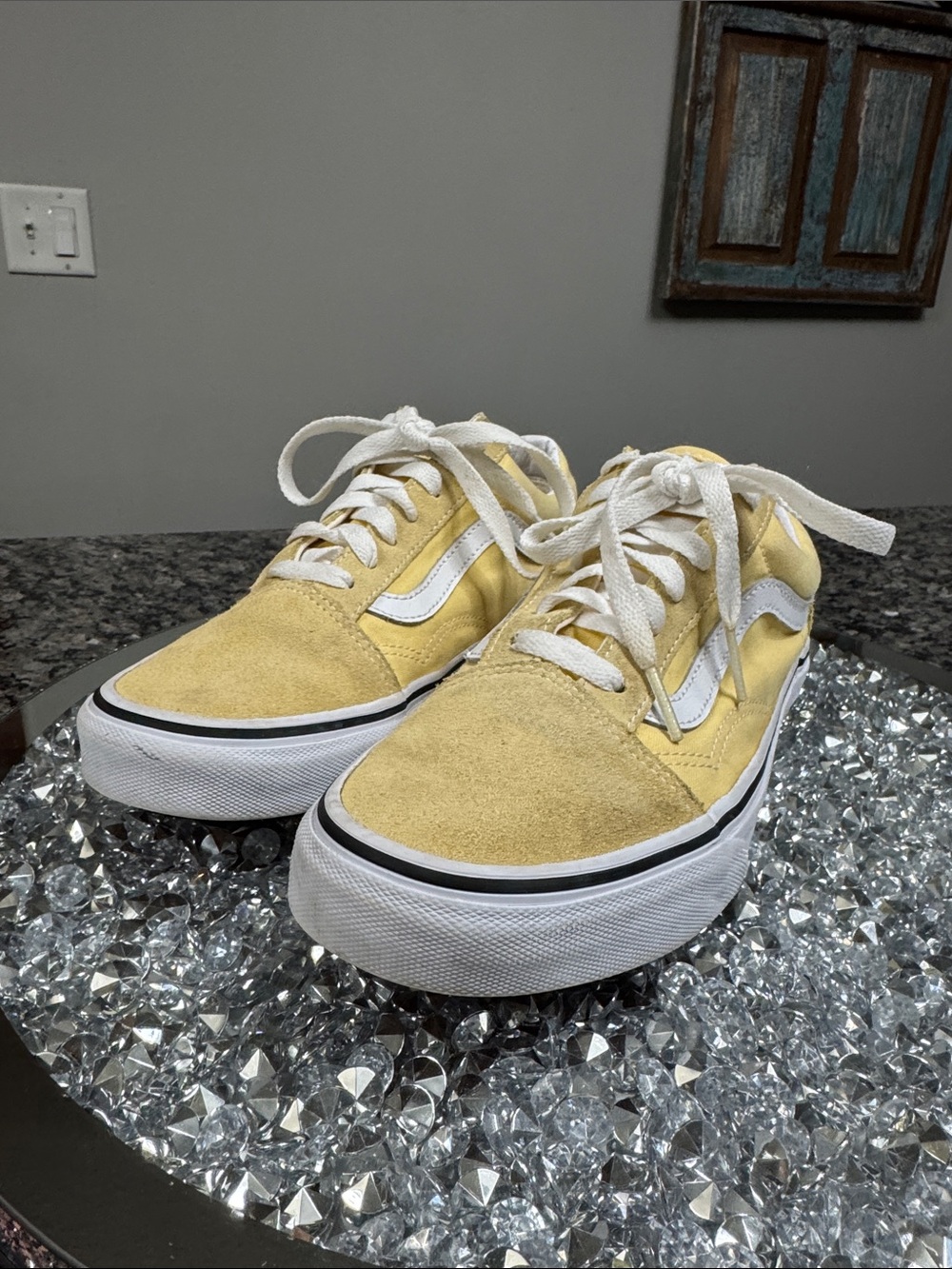 Vans Yellow Low-Top Canvas and suede Sneakers White Stripe logo EUC 7.5 - Picture 6 of 13